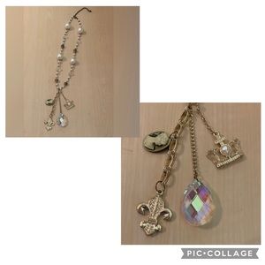 Fluer De Lis Faux Pearl Crown Charm Choker Necklace-Gold Tone-Cameo-Sparkly